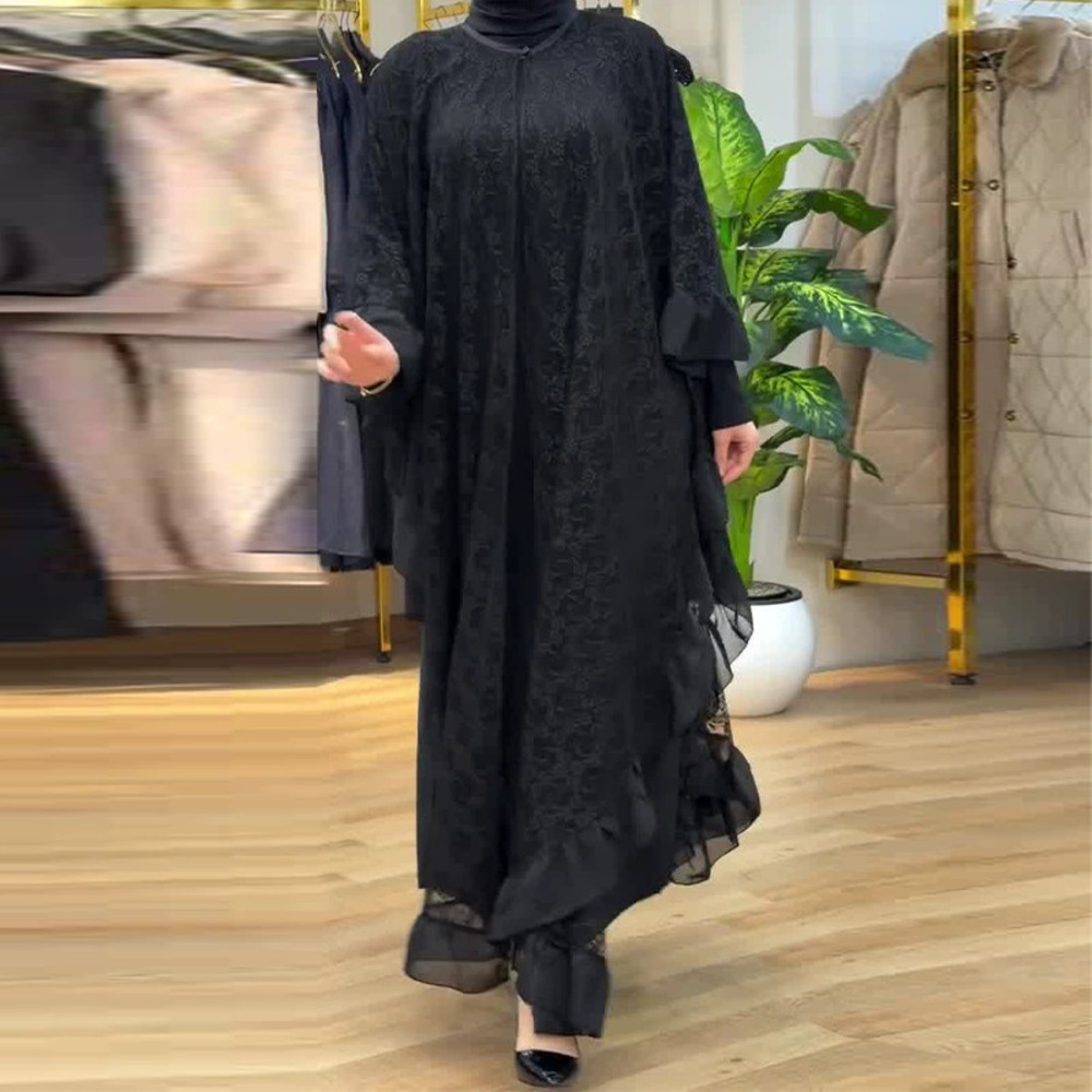 Forever 21 Black Ruffle Mesh Long-Sleeve Maxi Dress Set